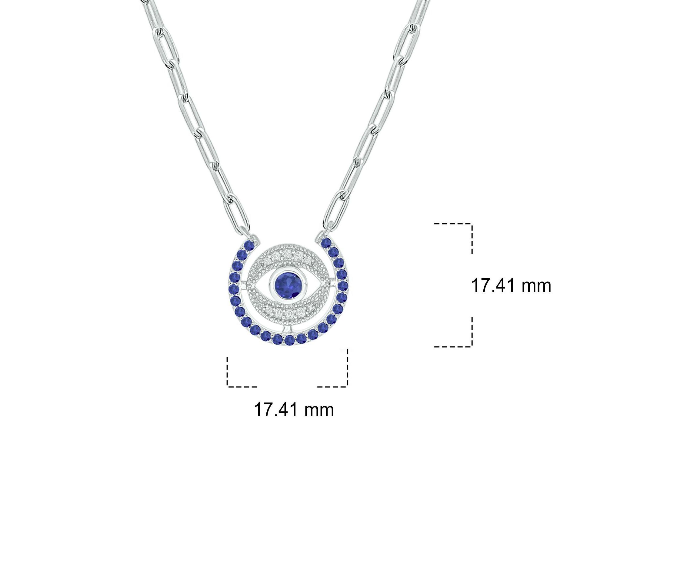 1/10 ct. t.w. Diamond and 7/8 ct. t.w. Created Blue Sapphire Evil Eys Paper Clip Necklace In Sterling Silver