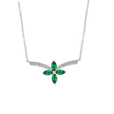 Belk & Co 1/6 ct.t.w Diamond Floral Chevron With Emerald Color Stone Necklace in 14K White Gold