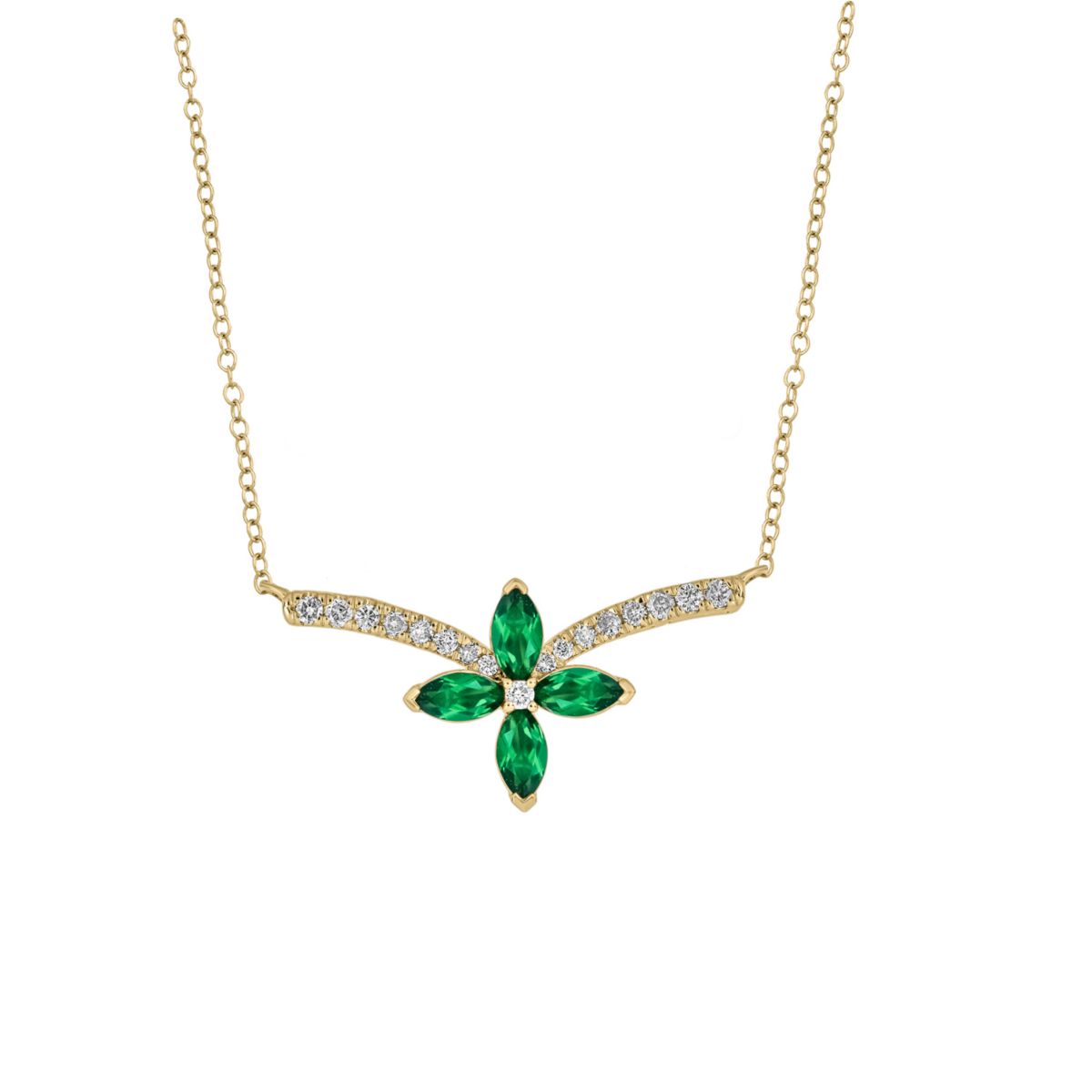 1/6 ct.t.w Diamond Floral Chevron With Emerald Color Stone Necklace in 14K Yellow Gold