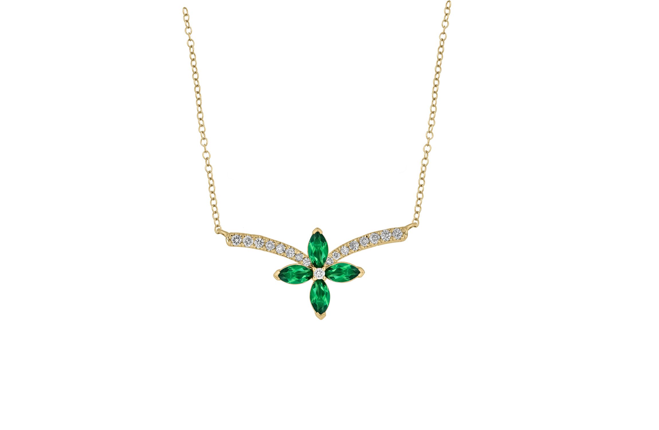 1/6 ct.t.w Diamond Floral Chevron With Emerald Color Stone Necklace in 14K Yellow Gold