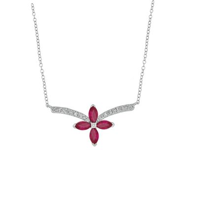 Belk & Co 1/6 ct.t.w Diamond Floral Chevron With Rube Color Stone Pendant Necklace in 14K White Gold