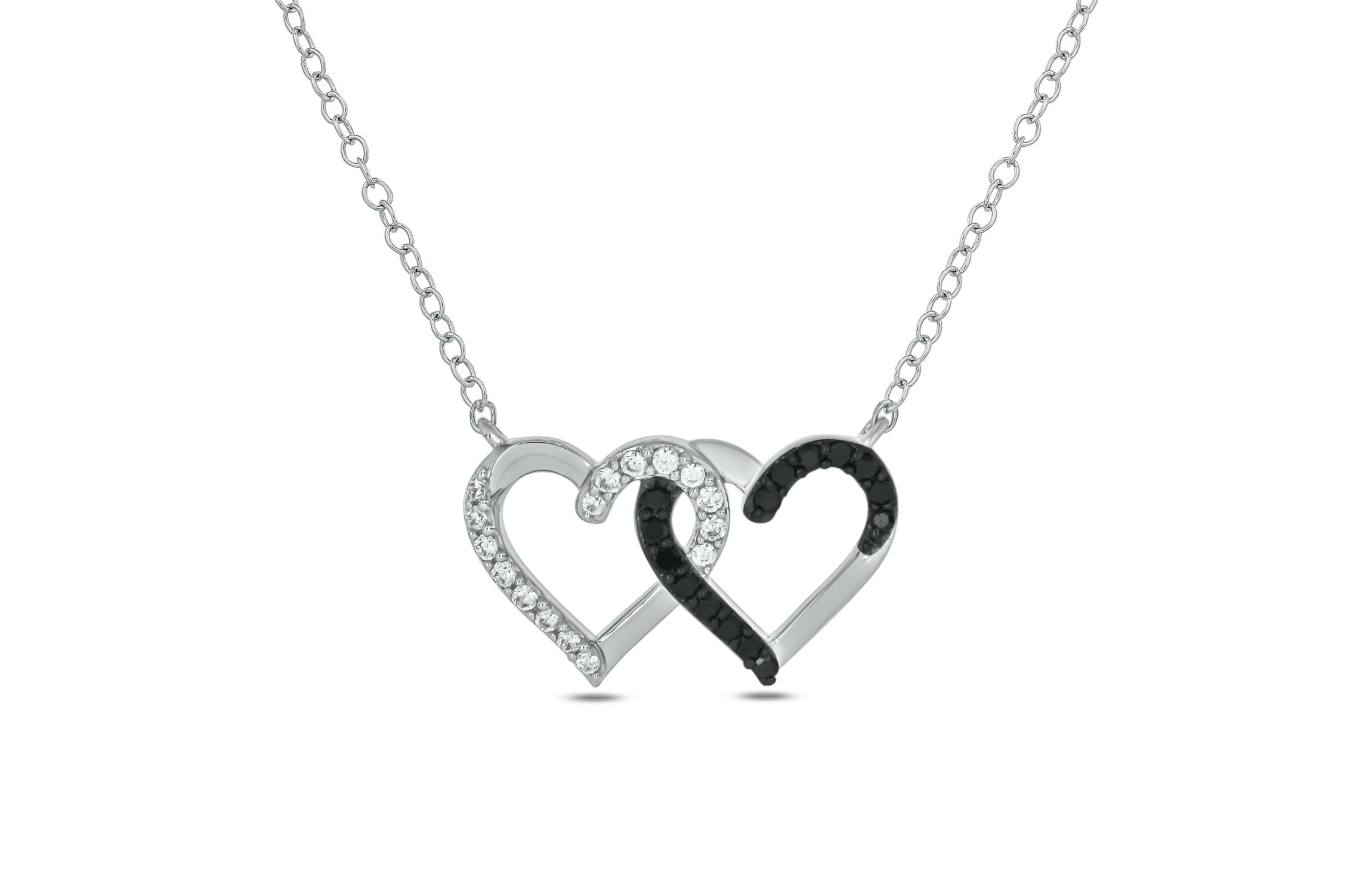 1/6 carat, Intetlocking Heart Black And White Diamond Necklace Pendan in 14K White Gold