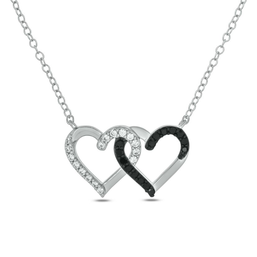 1/6 carat, Intetlocking Heart Black And White Diamond Necklace Pendan in 14K White Gold