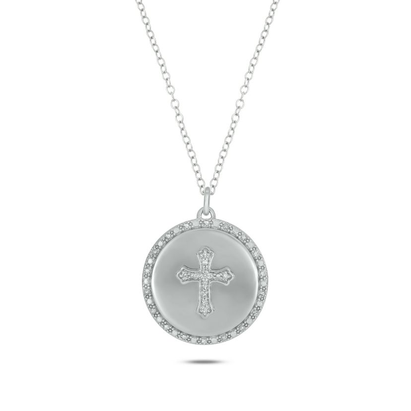 1/5 ct.t.w Diamond Circle Cross Halo Necklace in 14K White Gold