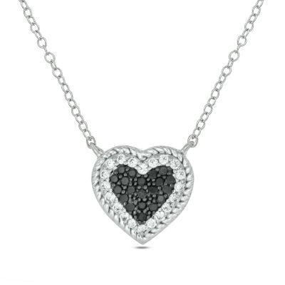 Belk & Co 1/5 carat, Diamond Heart Black And White Diamond Halo Rope Necklace Pendant in 14K White Gold, 18 in