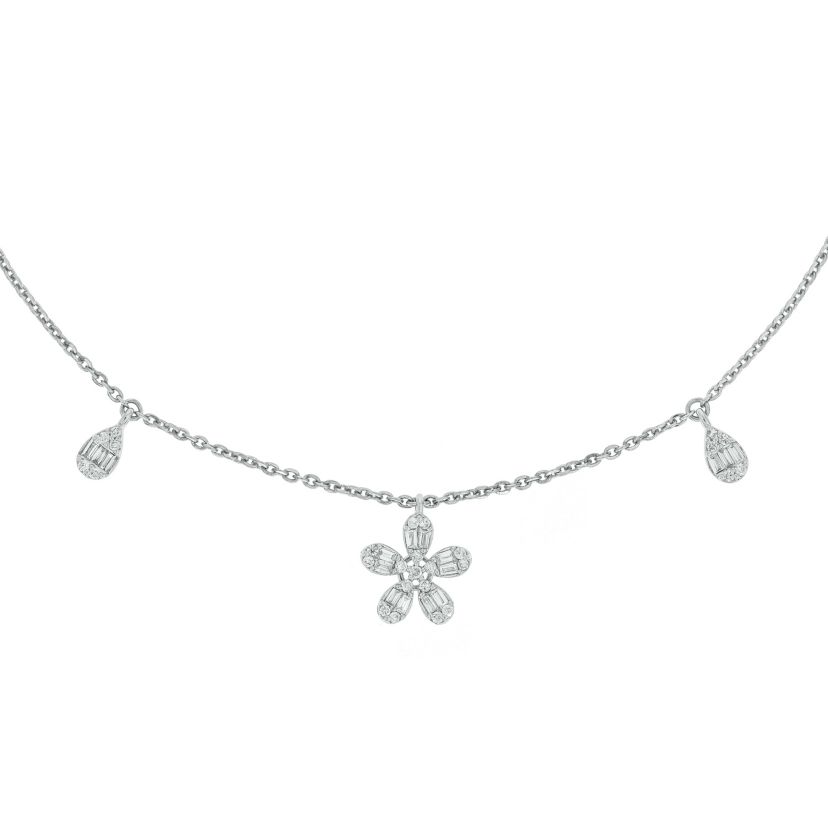 1/2 ct.t.w Diamond Dangler Nacklace With Flower Charms & Pear illusion in 14K White Gold