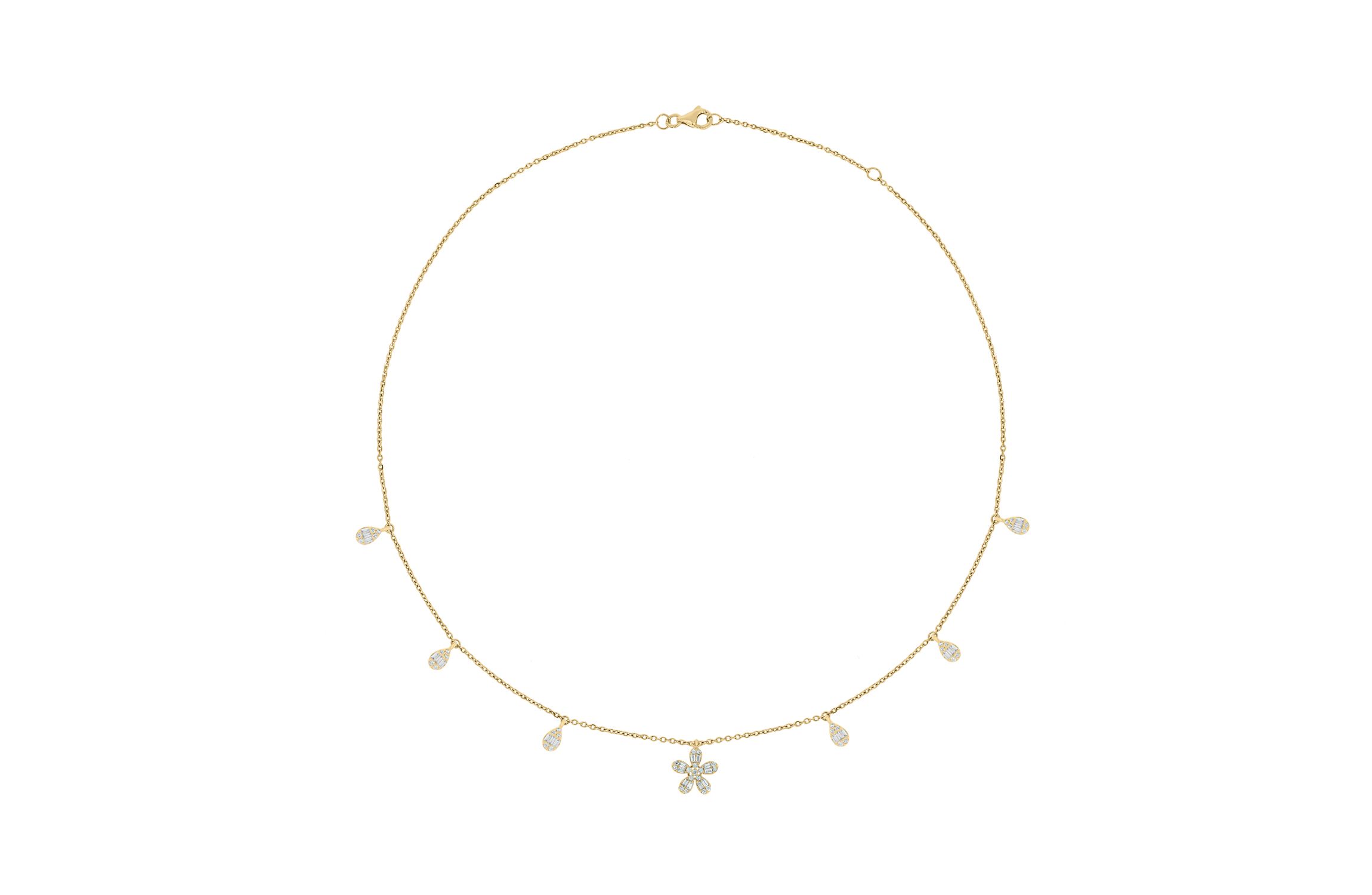 1/2 ct.t.w Diamond Dangler Nacklace With Flower Charms & Pear illusion in 14K Yellow Gold