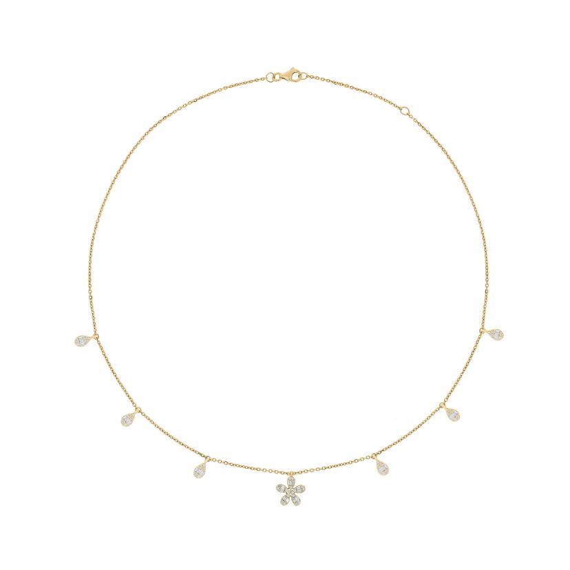 1/2 ct.t.w Diamond Dangler Nacklace With Flower Charms & Pear illusion in 14K Yellow Gold