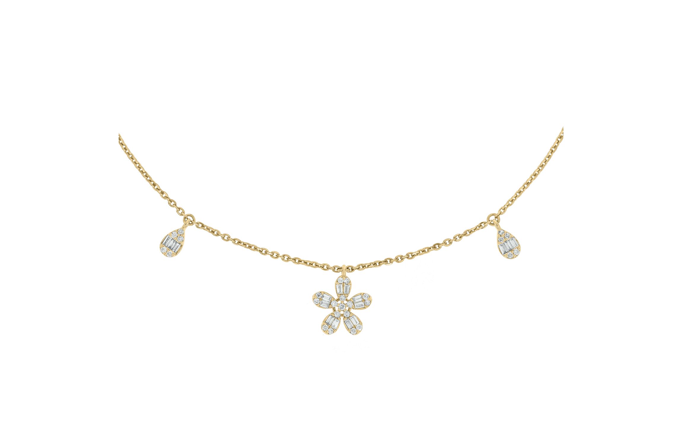 1/2 ct.t.w Diamond Dangler Nacklace With Flower Charms & Pear illusion in 14K Yellow Gold