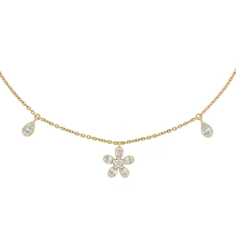 1/2 ct.t.w Diamond Dangler Nacklace With Flower Charms & Pear illusion in 14K Yellow Gold