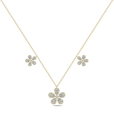 Belk & Co 1 ct.t.w Diamond Round & Baguette Flower Shape Pear illusion Necklace in 14K Yellow Gold
