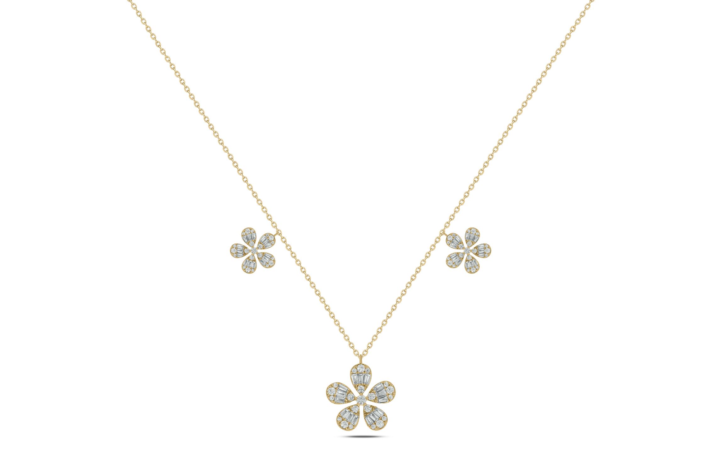 1 ct.t.w Diamond Round & Baguette Flower Shape Pear illusion Necklace in 14K Yellow Gold
