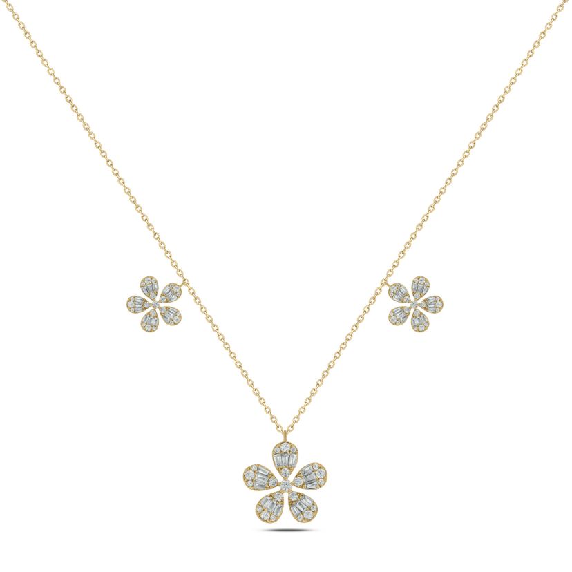 1 ct.t.w Diamond Round & Baguette Flower Shape Pear illusion Necklace in 14K Yellow Gold