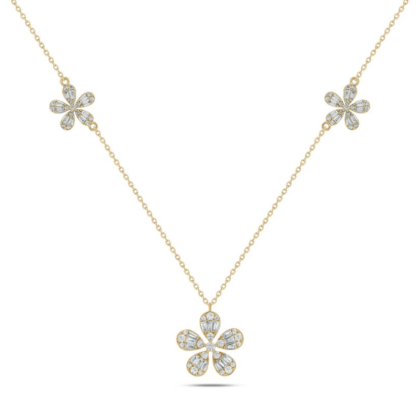 1 ct.t.w Diamond Flower Shape Pear illusion Charm Necklace in 14K Yellow Gold