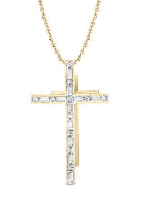 Belk & Co 1/10 Ct. T.w. Baguette Round White Diamond Cross Pendant Necklace In 14K Yellow Gold