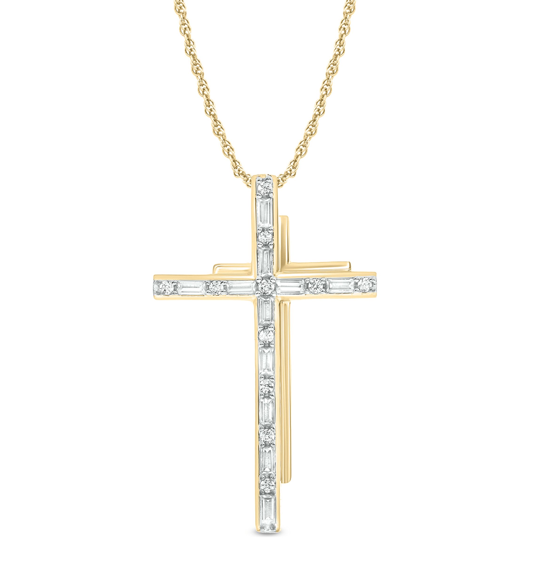 1/10 ct. t.w. Baguette Round White Diamond Cross Pendant Necklace in 14K Yellow Gold 