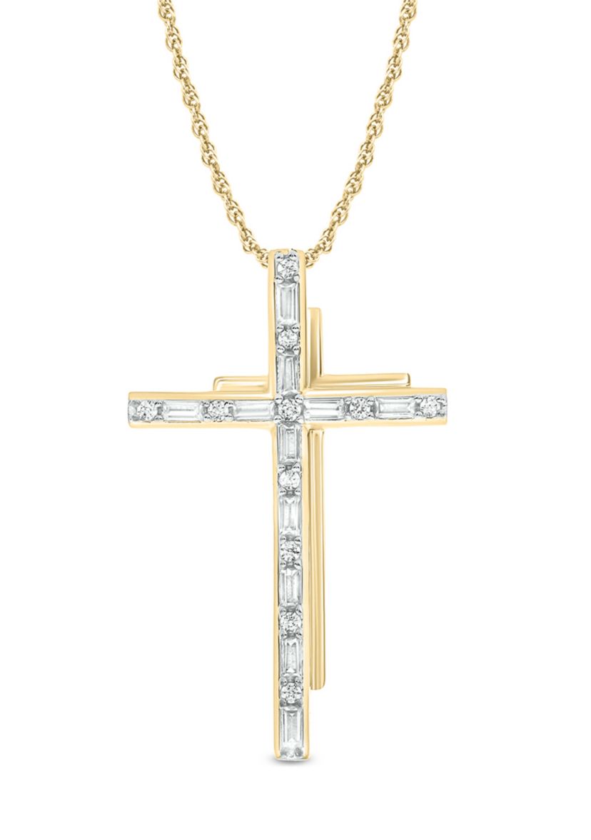 1/10 ct. t.w. Baguette Round White Diamond Cross Pendant Necklace in 14K Yellow Gold 