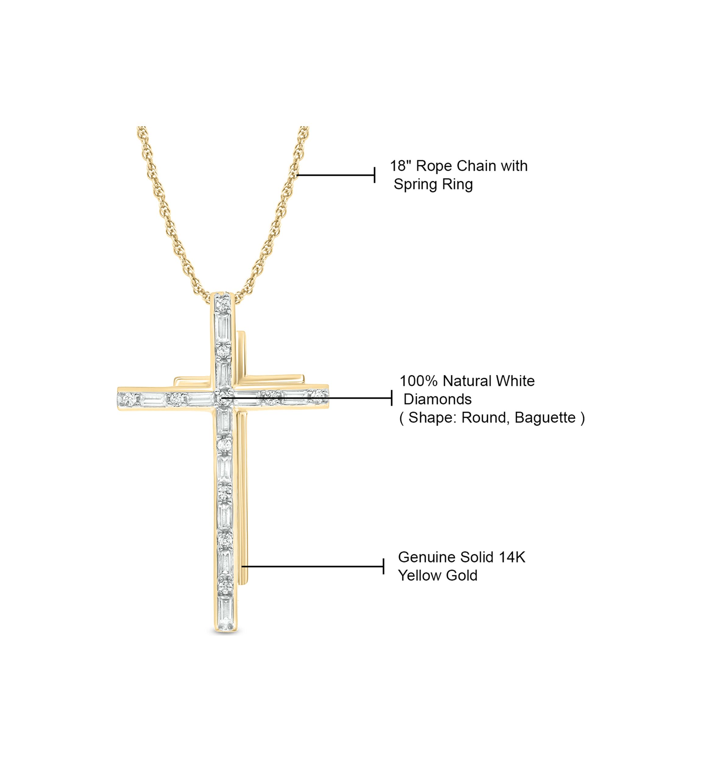 1/10 ct. t.w. Baguette Round White Diamond Cross Pendant Necklace in 14K Yellow Gold 