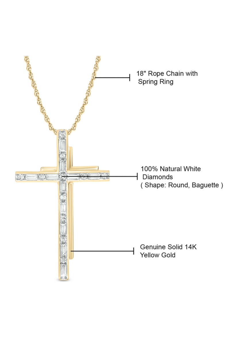 1/10 ct. t.w. Baguette Round White Diamond Cross Pendant Necklace in 14K Yellow Gold 
