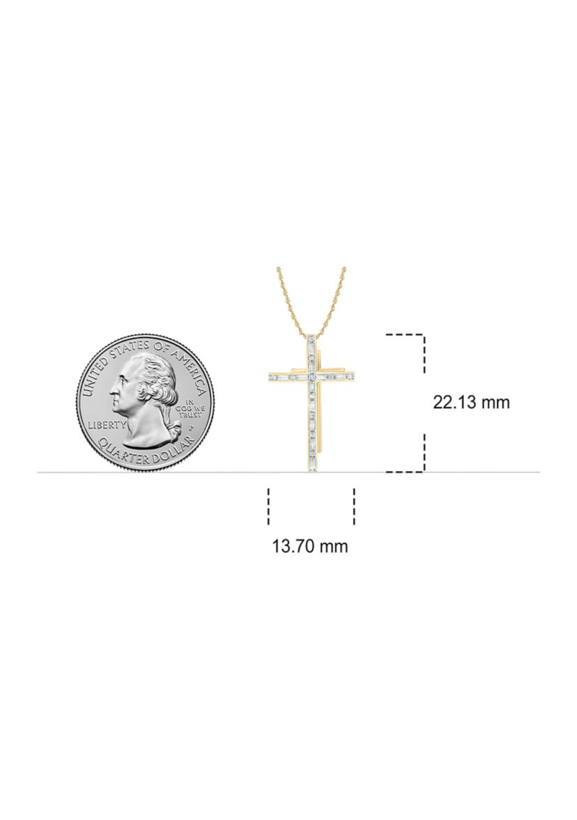 1/10 ct. t.w. Baguette Round White Diamond Cross Pendant Necklace in 14K Yellow Gold 