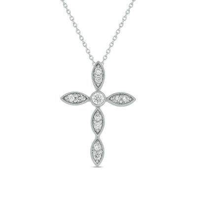 Belk & Co 1/6 carat, Diamond Cross,Milgrain 2 Rnd Marquise Pendant in 14K White Gold, 18 in