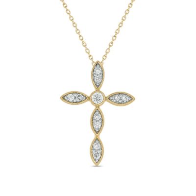 Belk & Co 1/6 carat, Diamond Cross,Milgrain 2 Rnd Marquise Pendant in 14K Yellow Gold, 18 in