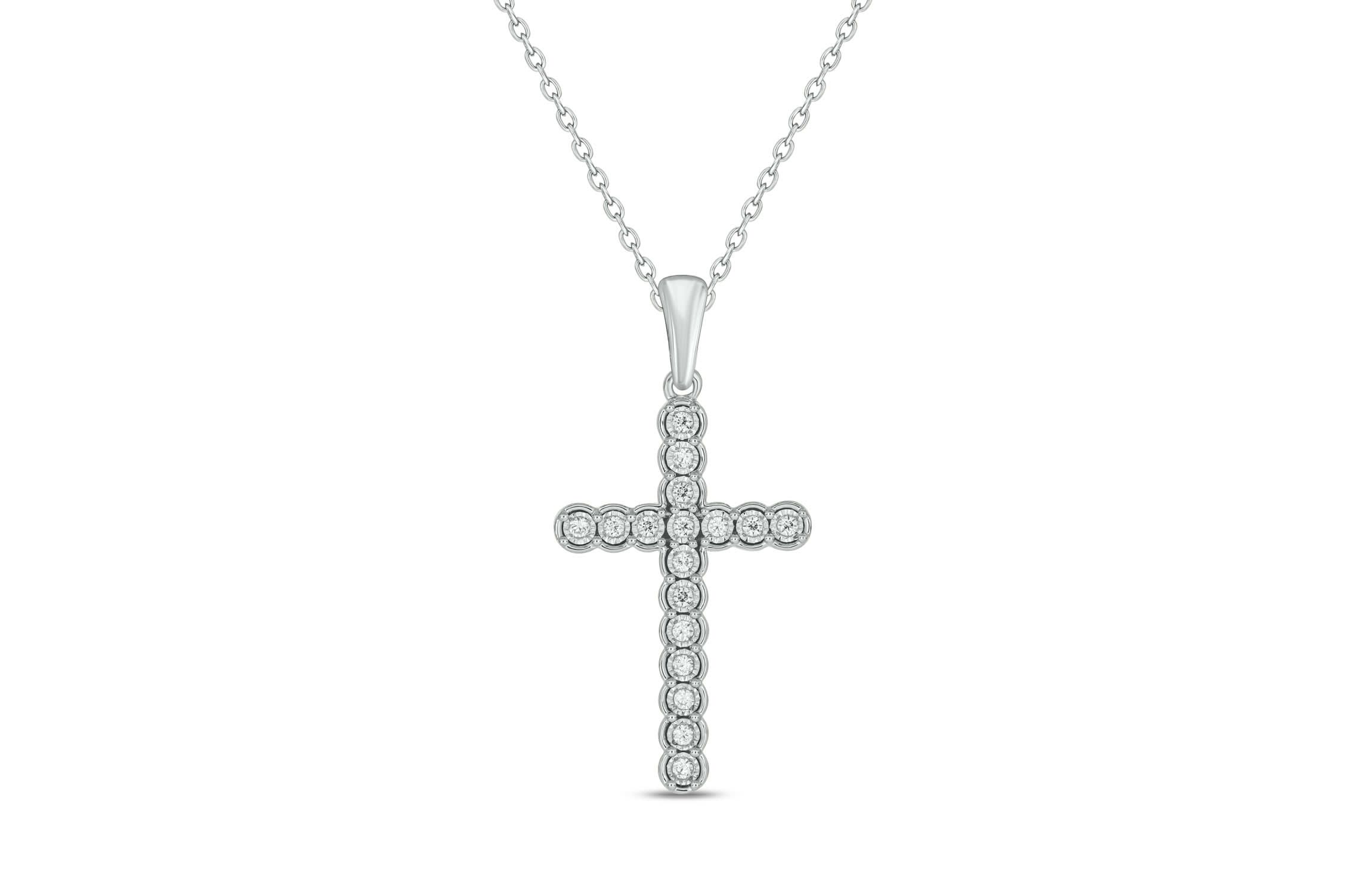 1/6 carat, Diamond Cross Half Bezel Pendant in 14K White Gold