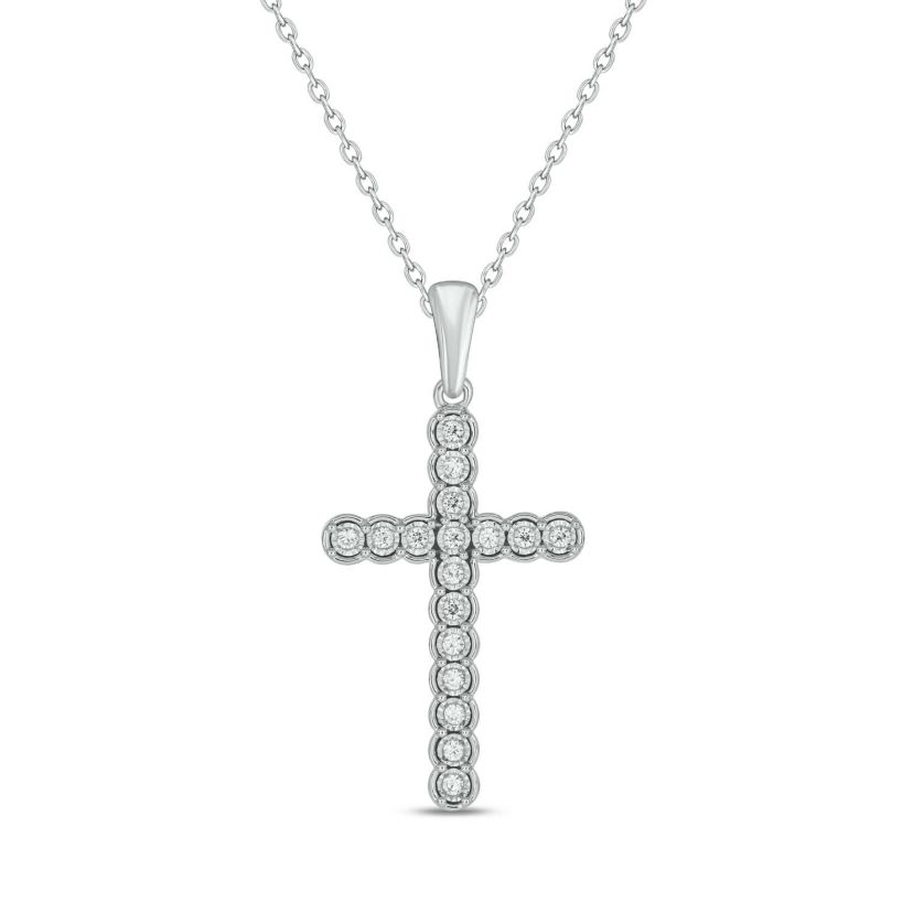 1/6 carat, Diamond Cross Half Bezel Pendant in 14K White Gold