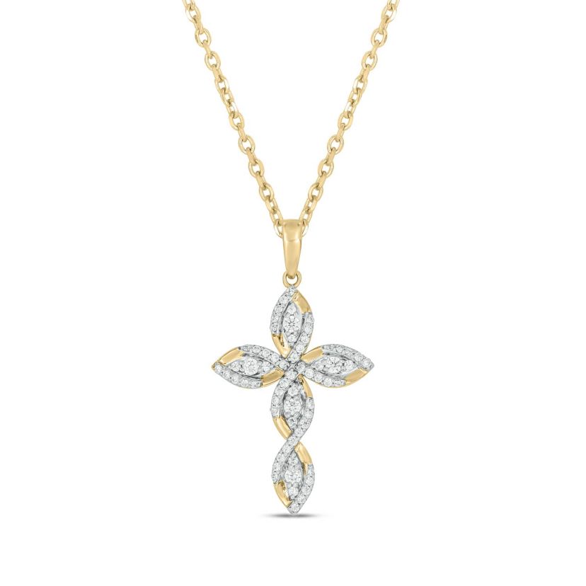 1/3 carat, Diamond Unique Cross Pendant in 14K Yellow Gold