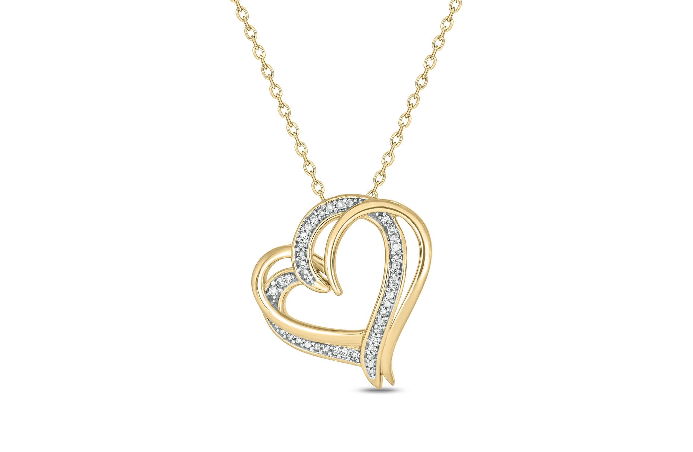 1/10 carat, Diamond Double Heart Pendant in 14K Yellow Gold