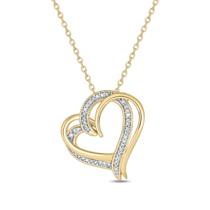1/10 carat, Diamond Double Heart Pendant in 14K Yellow Gold