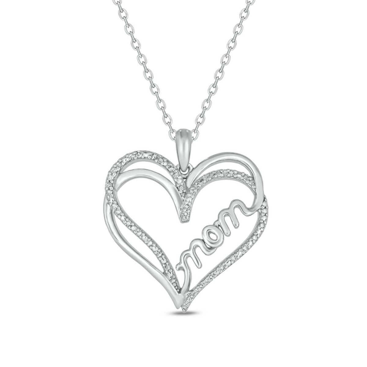 1/10 carat, Diamond Double Heart , Mom Scripted Pendant in 14K White Gold