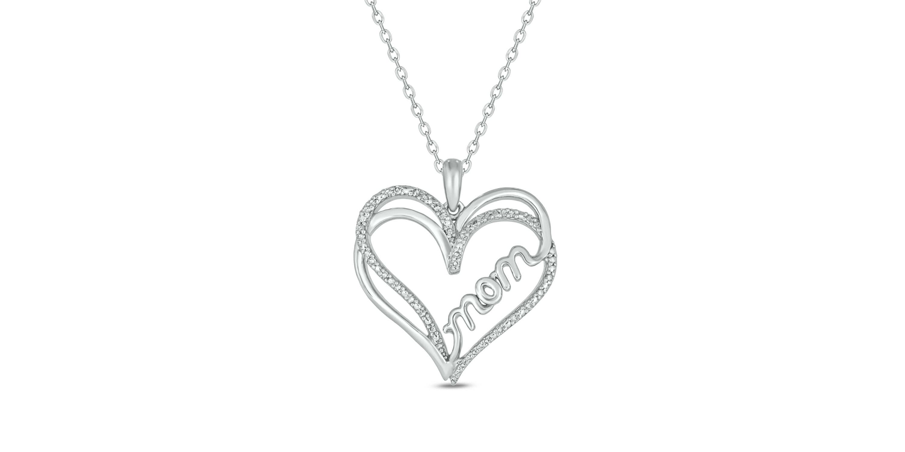 1/10 carat, Diamond Double Heart , Mom Scripted Pendant in 14K White Gold