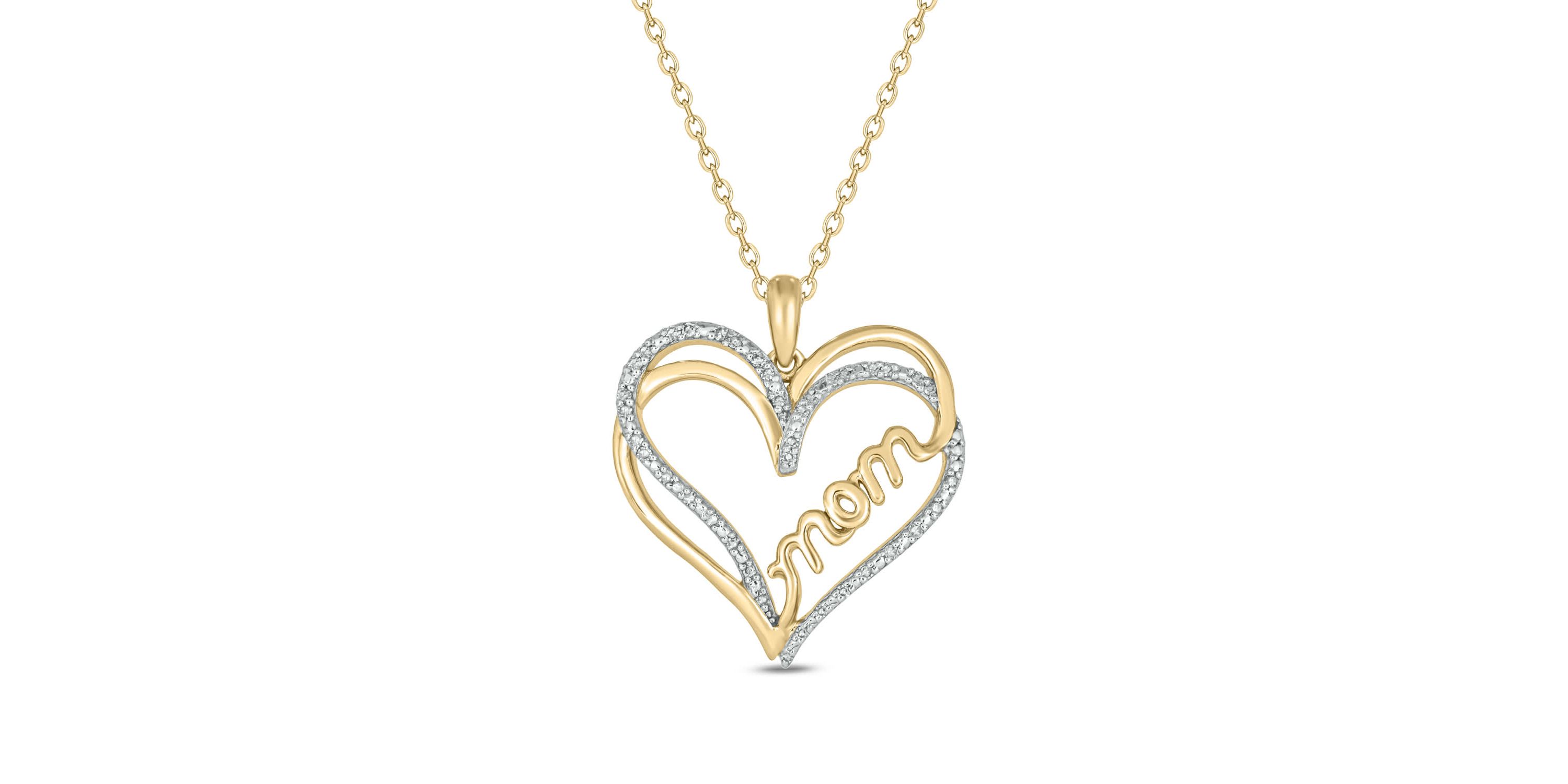 1/10 carat, Diamond Double Heart , Mom Scripted Pendant in 14K Yellow Gold