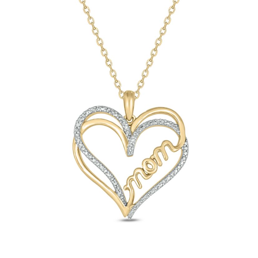 1/10 carat, Diamond Double Heart , Mom Scripted Pendant in 14K Yellow Gold