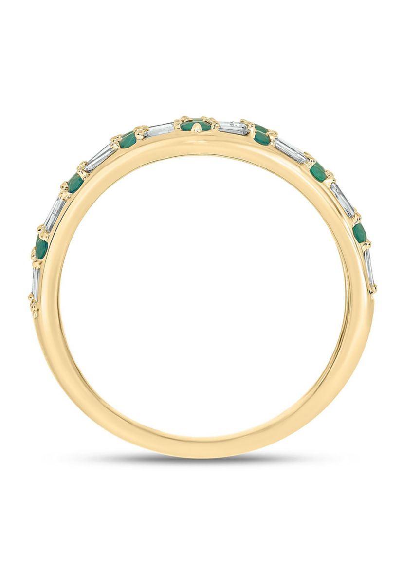 1/5 ct. t.w. Diamond and Natural Emerald color Stone Curve Ring In 10K Yellow Gold