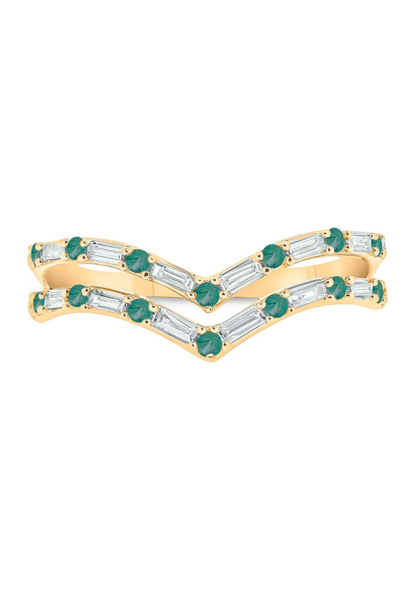 1/5 ct. t.w. Diamond and Natural Emerald color Stone Curve Ring In 10K Yellow Gold