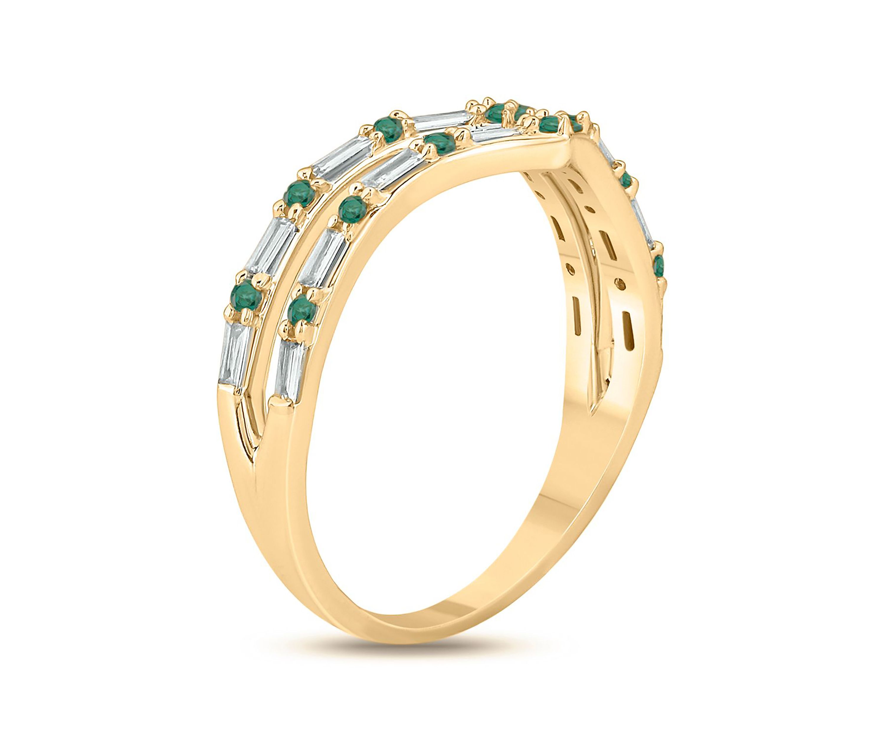1/5 ct. t.w. Diamond and Natural Emerald color Stone Curve Ring In 10K Yellow Gold