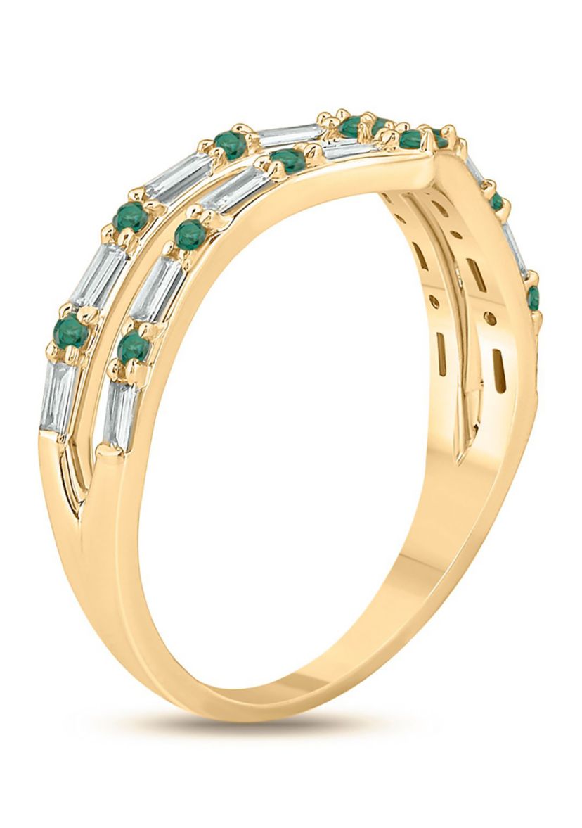 1/5 ct. t.w. Diamond and Natural Emerald color Stone Curve Ring In 10K Yellow Gold