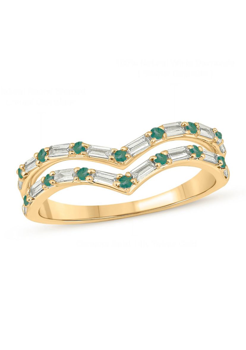 1/5 ct. t.w. Diamond and Natural Emerald color Stone Curve Ring In 10K Yellow Gold
