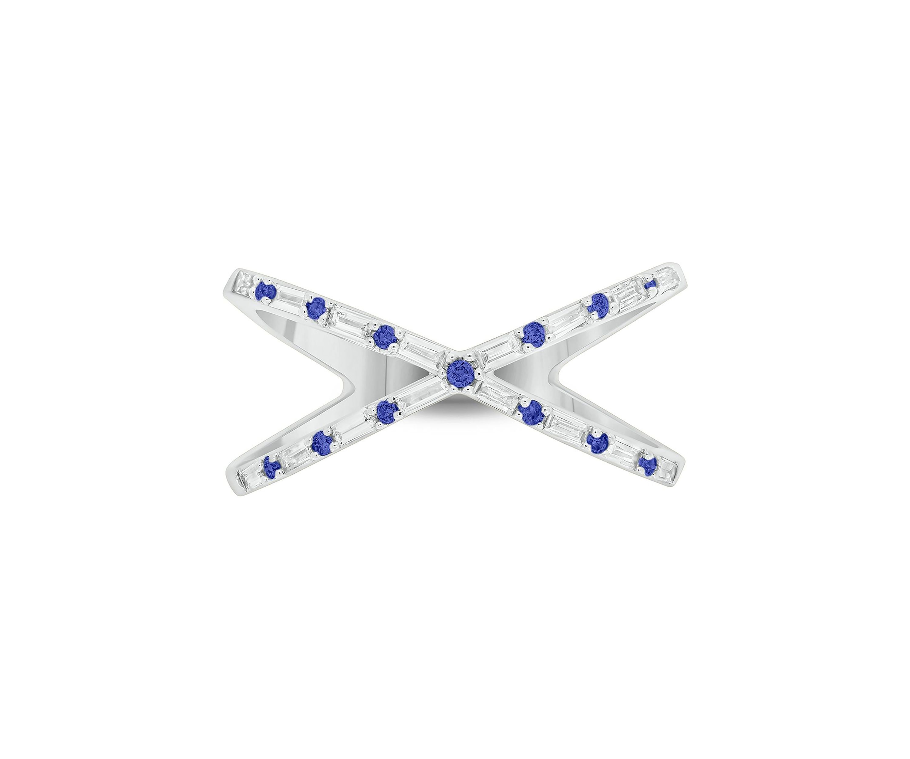 1/6 ct. t.w. Diamond and 1/3 ct. t.w. Natural Blue sapphire Cris Cross Anniversary Ring In 14K White Gold