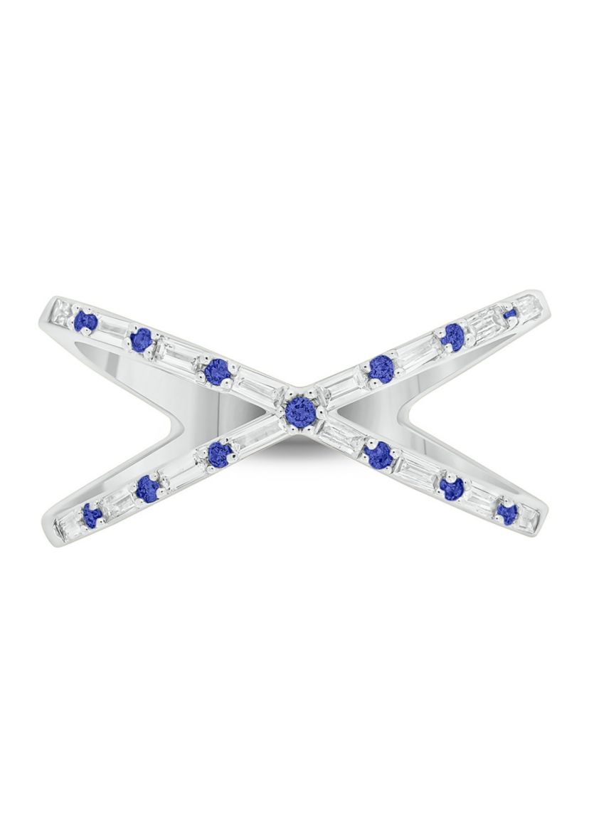 1/6 ct. t.w. Diamond and 1/3 ct. t.w. Natural Blue sapphire Cris Cross Anniversary Ring In 14K White Gold