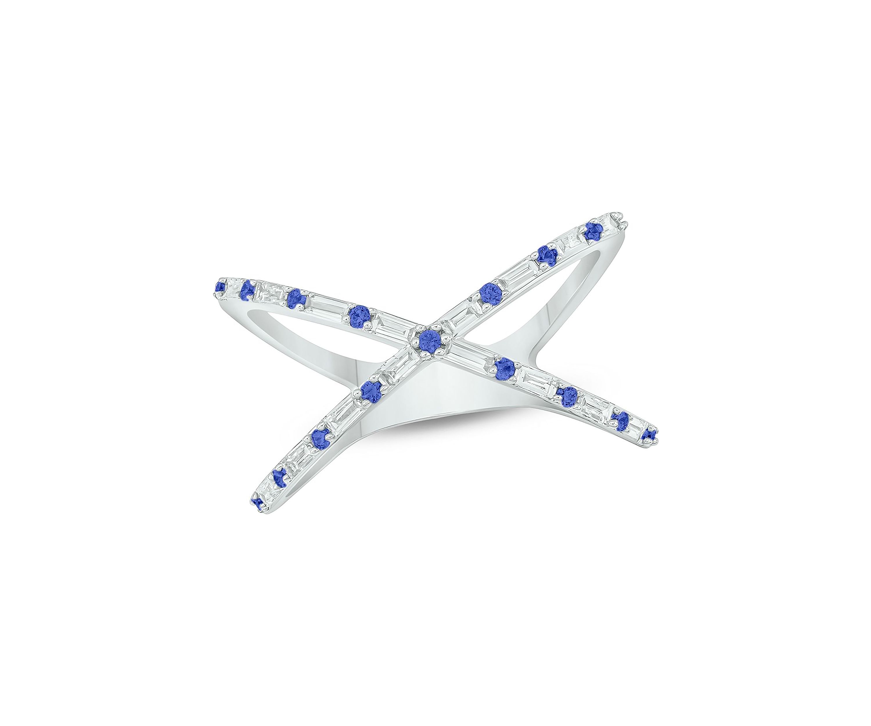 1/6 ct. t.w. Diamond and 1/3 ct. t.w. Natural Blue sapphire Cris Cross Anniversary Ring In 14K White Gold