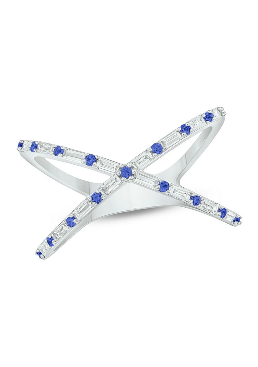 1/6 ct. t.w. Diamond and 1/3 ct. t.w. Natural Blue sapphire Cris Cross Anniversary Ring In 14K White Gold