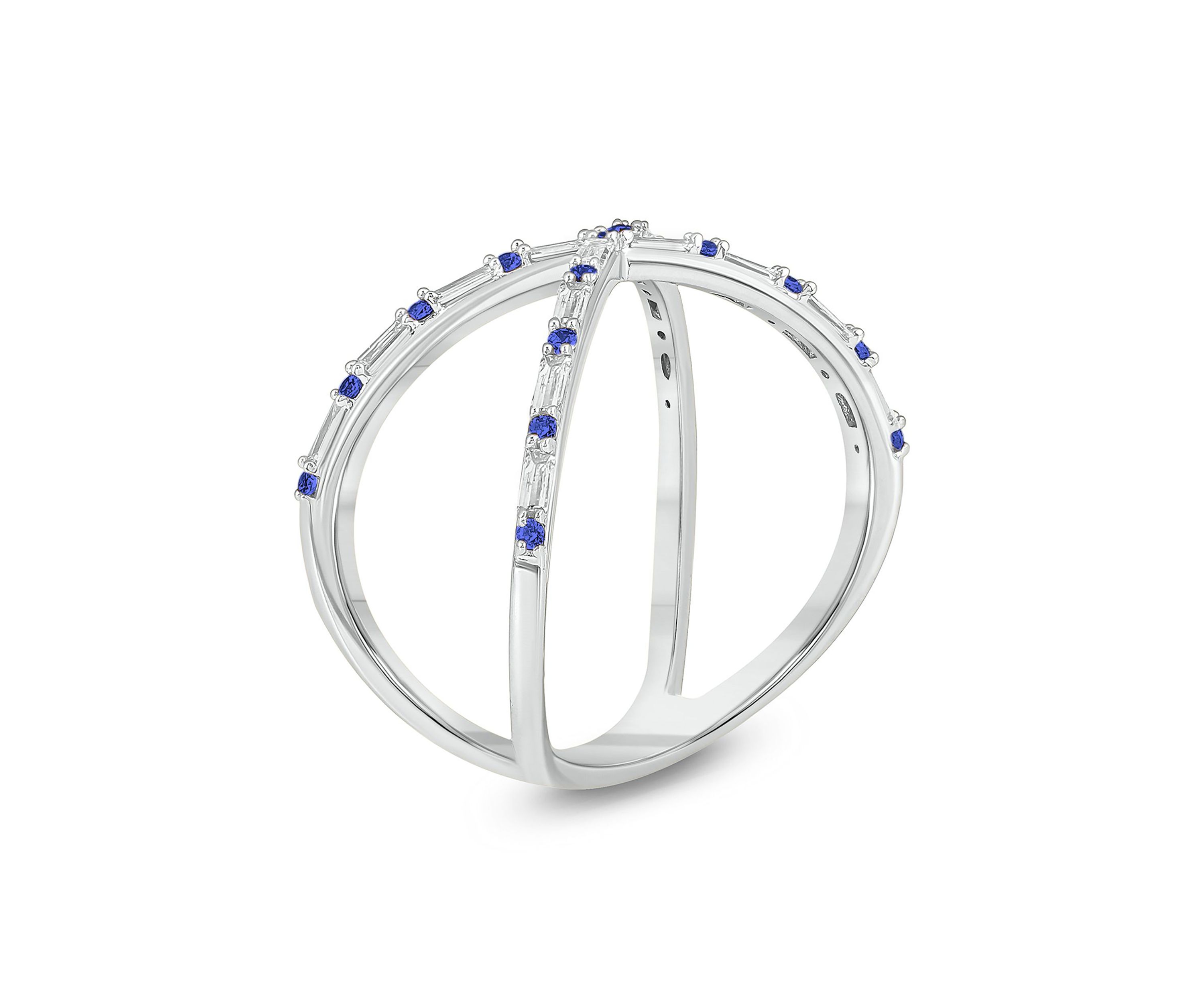 1/6 ct. t.w. Diamond and 1/3 ct. t.w. Natural Blue sapphire Cris Cross Anniversary Ring In 14K White Gold