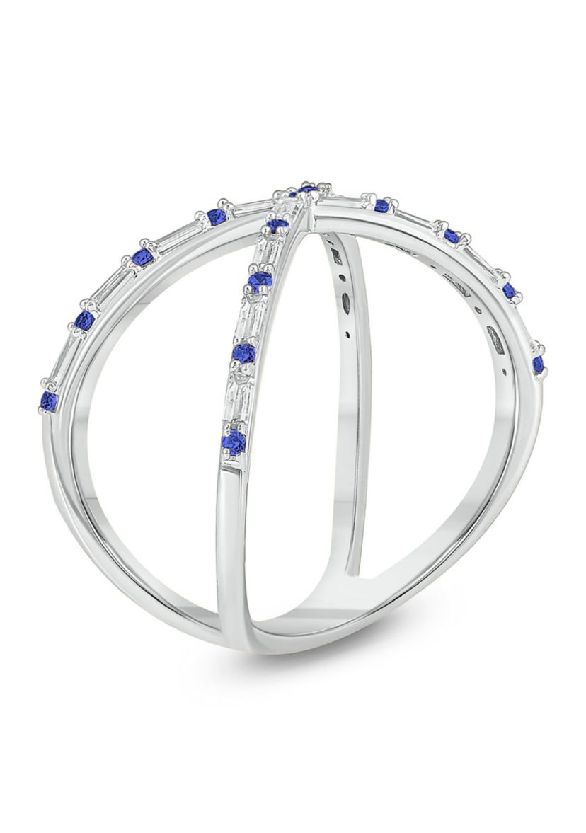 1/6 ct. t.w. Diamond and 1/3 ct. t.w. Natural Blue sapphire Cris Cross Anniversary Ring In 14K White Gold