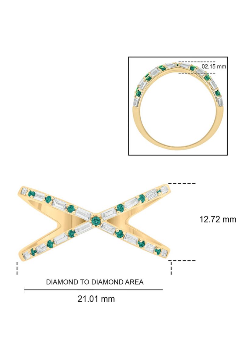 1/6 ct. t.w. Diamond and 1/3 ct. t.w. Natural Emerald Cris Cross Anniversary Ring In 14K Yellow Gold