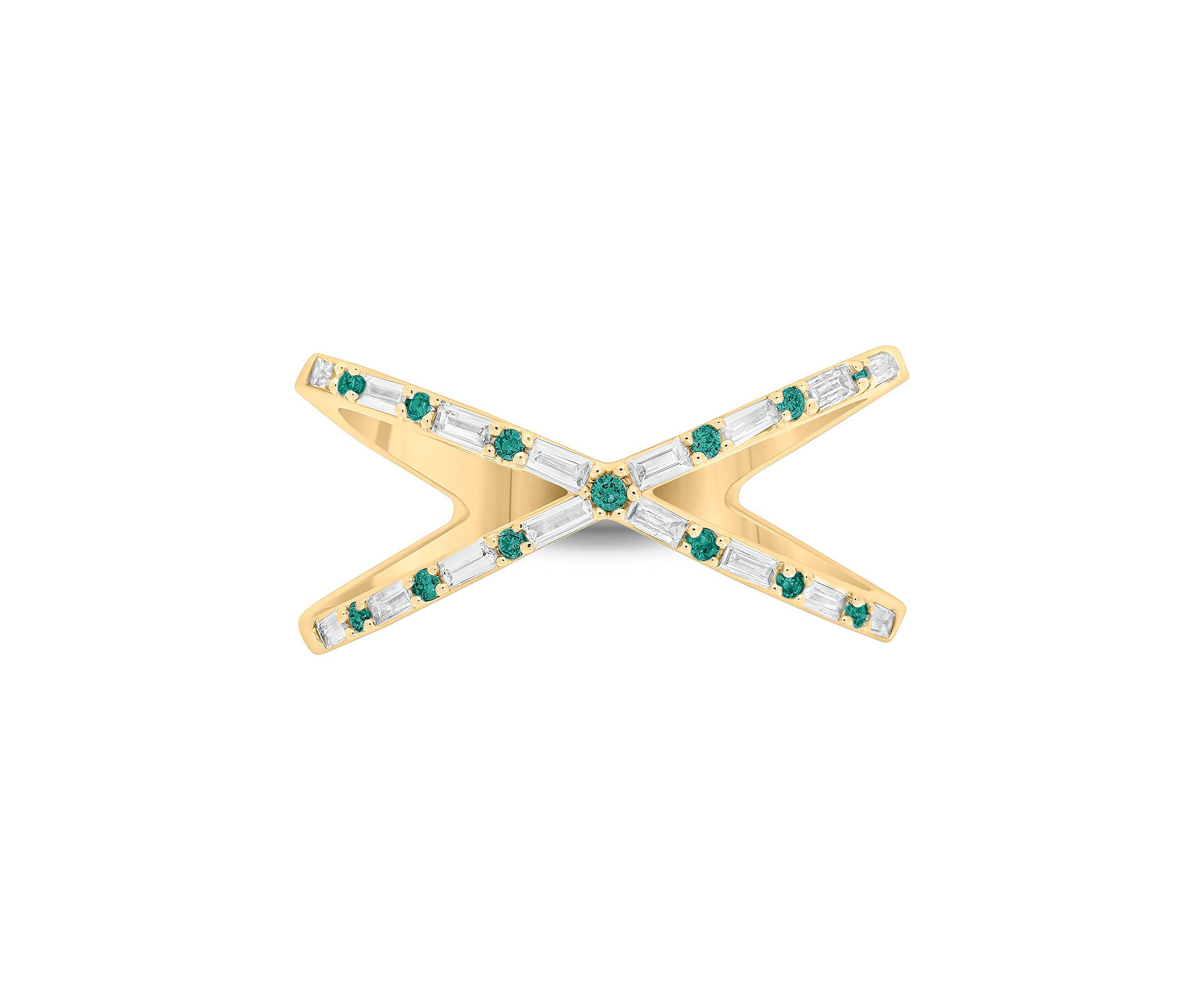 1/6 ct. t.w. Diamond and 1/3 ct. t.w. Natural Emerald Cris Cross Anniversary Ring In 14K Yellow Gold