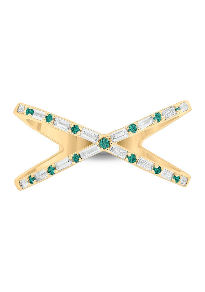 1/6 ct. t.w. Diamond and 1/3 ct. t.w. Natural Emerald Cris Cross Anniversary Ring In 14K Yellow Gold