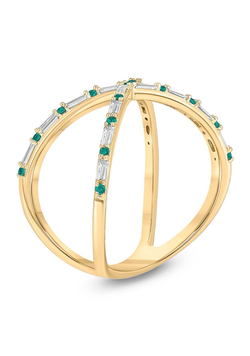 1/6 ct. t.w. Diamond and 1/3 ct. t.w. Natural Emerald Cris Cross Anniversary Ring In 14K Yellow Gold